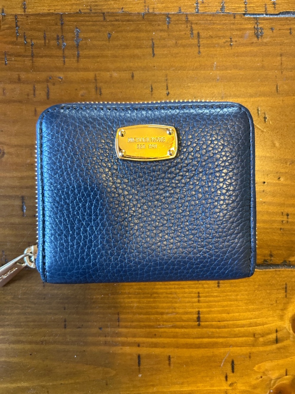 Michael Kors Navy Pebbled Leather Zip Wallet with Gold Plate